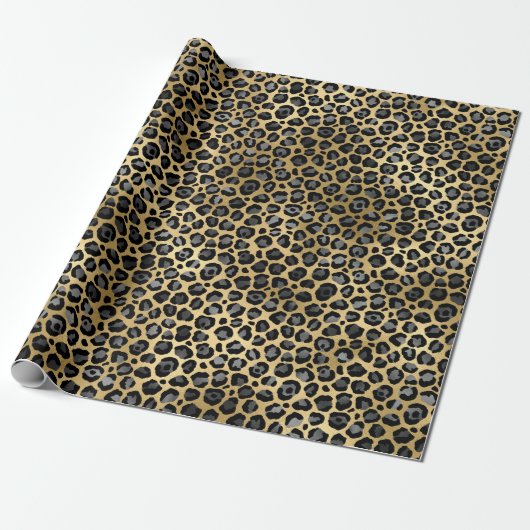 Black and Gold Leopard Spot Pattern Cadeaupapier (Uitgerold)