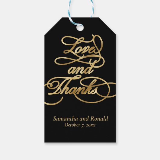 Black and Gold Love and Thanks Calligraphy Wedding Cadeaulabel (Voorkant)
