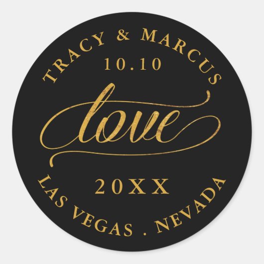 Black and Gold Love Wedding Save the Date Ronde Sticker (Voorkant)