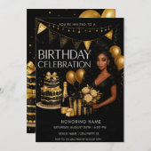 Black and Gold Luxury Birthday Invitation Kaart (Voorkant / Achterkant)