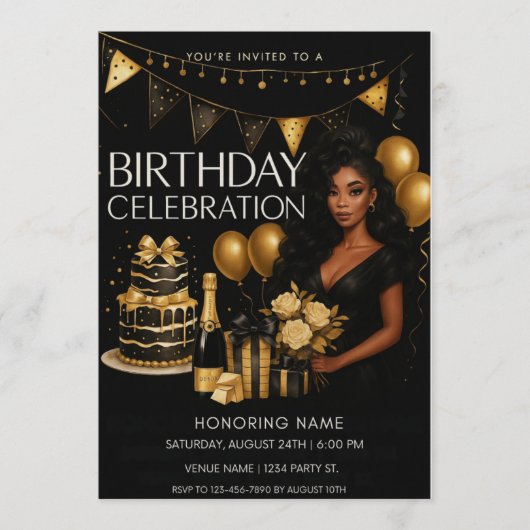 Black and Gold Luxury Birthday Invitation Kaart (Voorkant)