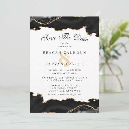 Black and Gold Marble Agate Modern Save the Date (Staand voorkant)