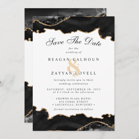 Black and Gold Marble Agate Modern Save the Date (Voorkant / Achterkant)