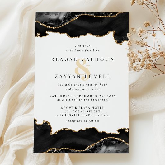Black and Gold Marble Agate Wedding Kaart