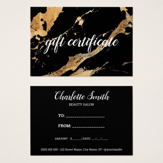 Black and Gold Marble Business Cadeaubon Visitekaartje (Voorkant /achterkant)