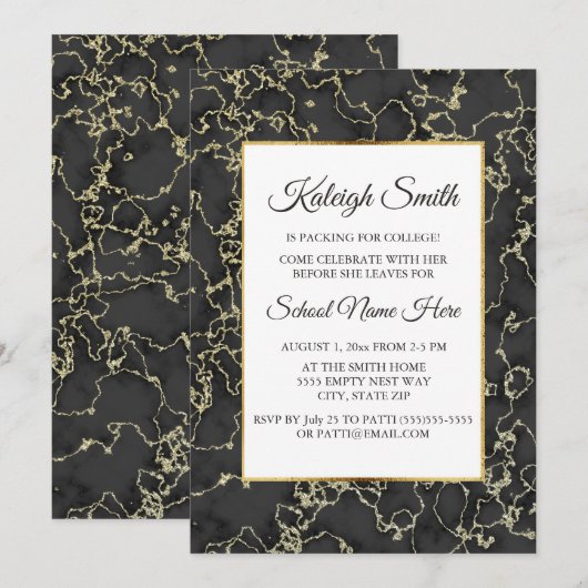 Black and Gold Marble Trunk Party Invite Kaart (Voorkant / Achterkant)