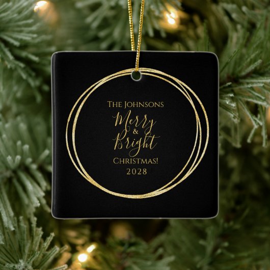 Black and Gold Merry and Bright Keramisch Ornament (Boom)