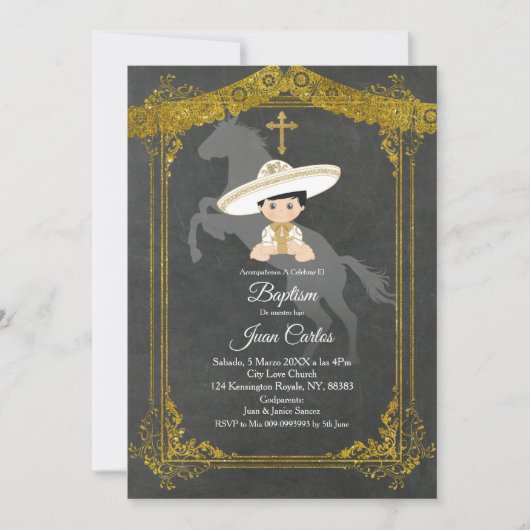 Black and Gold Mexican Baptism Invitation Kaart (Voorkant)