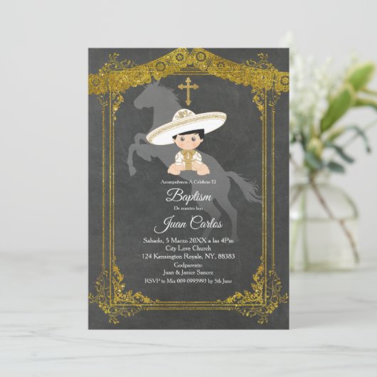 Black and Gold Mexican Baptism Invitation Kaart (Staand voorkant)