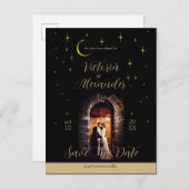 Black and Gold Modern Whimsigoth Celestial Arch Aankondigingskaart (Voorkant / Achterkant)