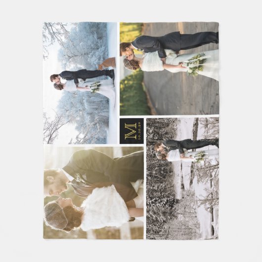 Black and Gold Monogram 4 Foto Collage Wedding Fleece Deken (Voorkant)