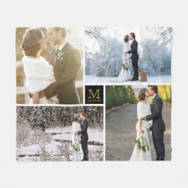 Black and Gold Monogram 4 Foto Collage Wedding Fleece Deken