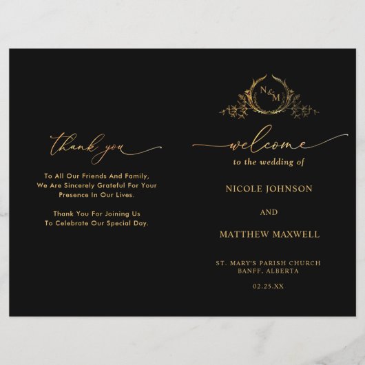 Black and Gold Monogram Wedding Folded Program (Voorkant)