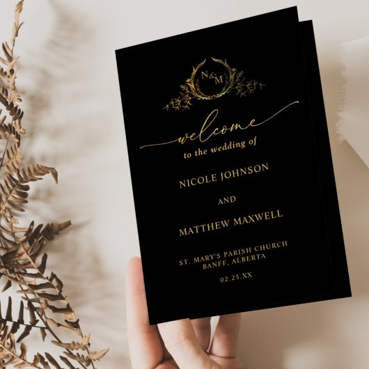 Black and Gold Monogram Wedding Folded Program