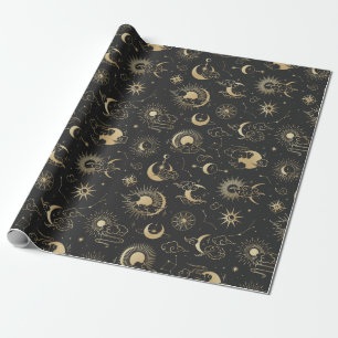 Black and Gold Moon Star Sun Astrology Art Cadeaupapier