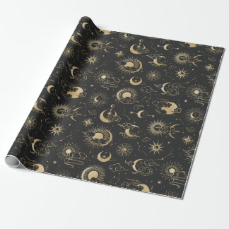 Black and Gold Moon Star Sun Astrology Art Cadeaupapier
