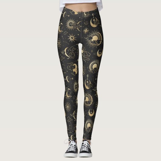 Black and Gold Moon Star Sun Astrology Art Leggings (Voorkant)