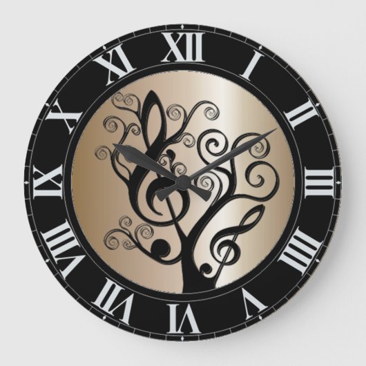 Black and Gold Music Treble Clef Tree Wall-klok Grote Klok (Voorkant)