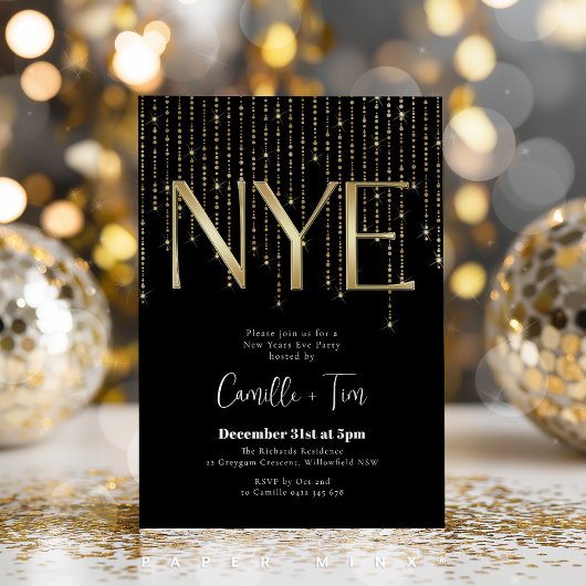 Black and Gold New Years Eve Party NYE Kaart