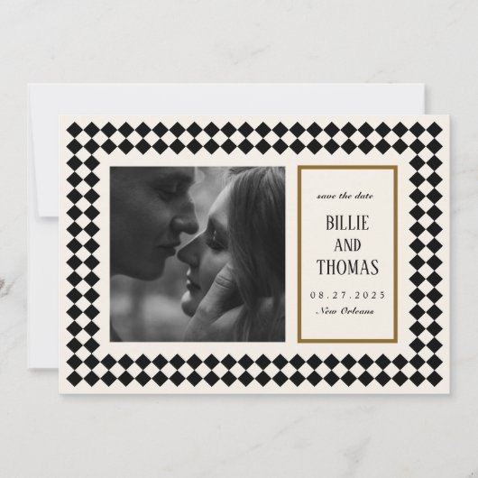 Black and Gold on Ivory Checkerboard Border Jazz Save The Date (Voorkant)