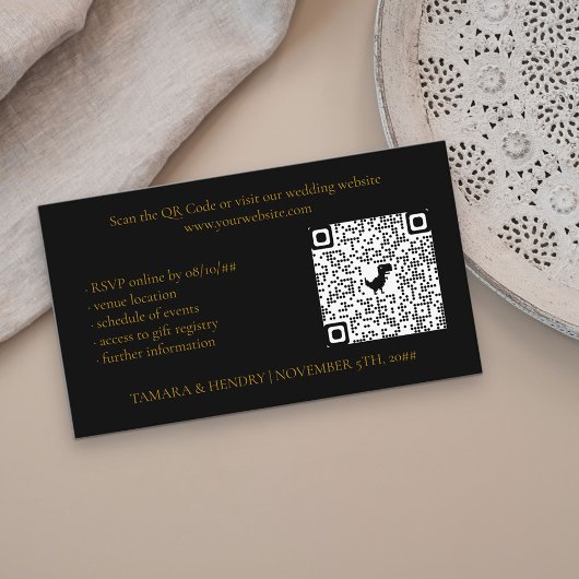 Black and Gold Online RSVP QR Code Weddenschap Informatiekaartje