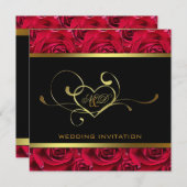 Black and Gold op Red Roses Wedding Invitation Kaart (Voorkant / Achterkant)