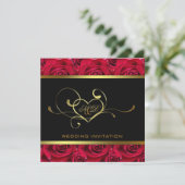 Black and Gold op Red Roses Wedding Invitation Kaart (Staand voorkant)