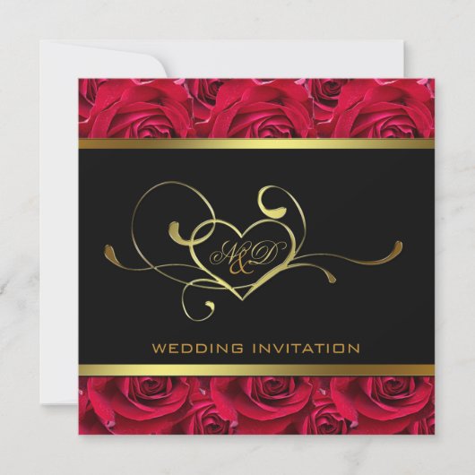 Black and Gold op Red Roses Wedding Invitation Kaart (Voorkant)