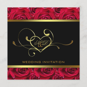 Black and Gold op Red Roses Wedding Invitation Kaart