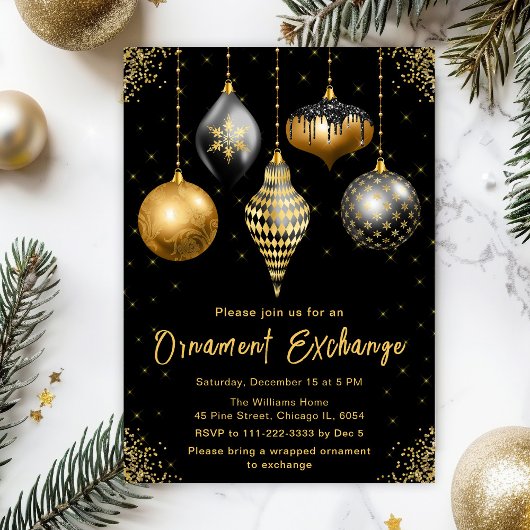 Black and Gold Ornament Exchange Party Kaart