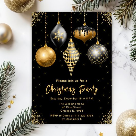 Black and Gold Ornaments Christmas Party Kaart