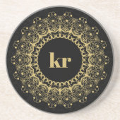 Black and gold ornate mandal pattern zandsteen onderzetter (Voorkant)