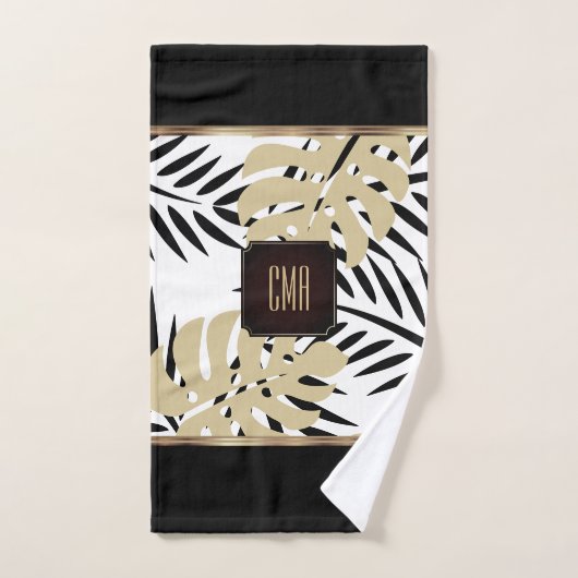 Black and Gold Palm Pattern with Monogram Bad Handdoek (Handdoek)