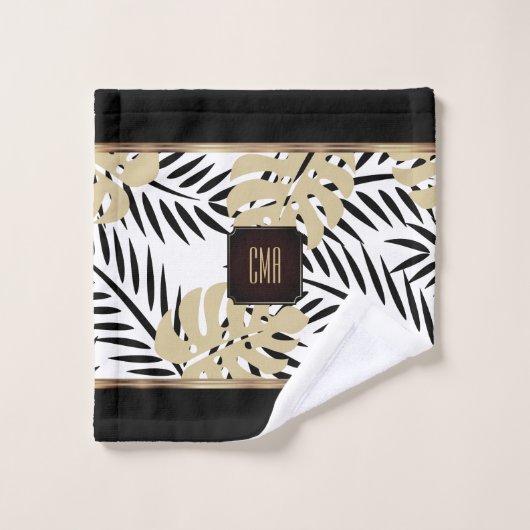 Black and Gold Palm Pattern with Monogram Bad Handdoek (Wasdoekje)
