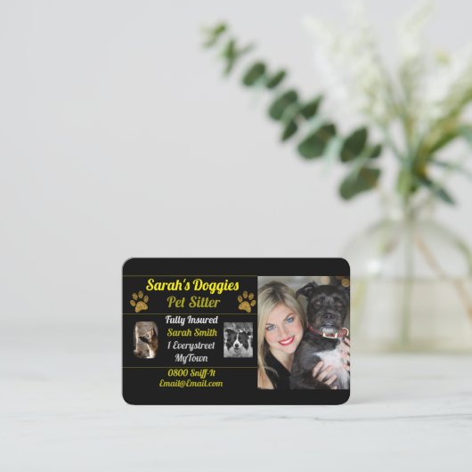 Black and Gold Pet Sitter Dog Walker Visitekaartje (Staand voorkant)