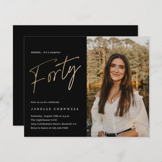 Black and Gold Photo 40th Birthday Invitation (Voorkant / Achterkant)