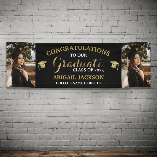 Black and Gold Photo Afstuderen gefeliciteerd Spandoek