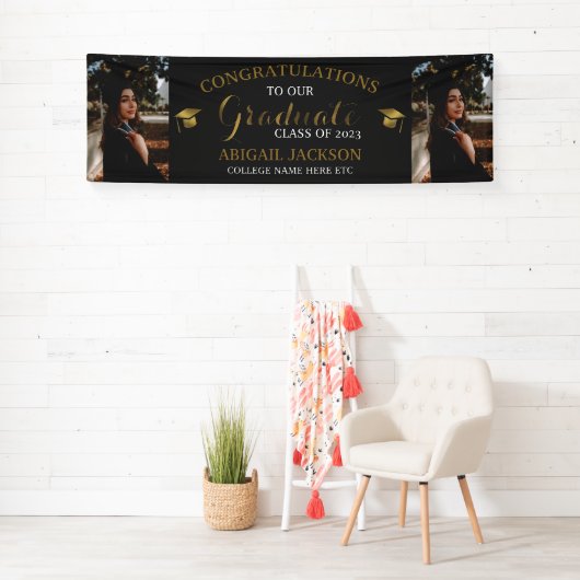 Black and Gold Photo Afstuderen gefeliciteerd Spandoek (Insitu)