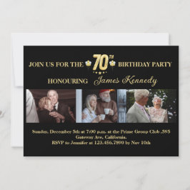 Black and Gold Photo Collage 70th Birthday Party  Kaart