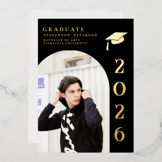 Black and Gold Photo Graduation Invitation Folie Uitnodiging (Envelop)