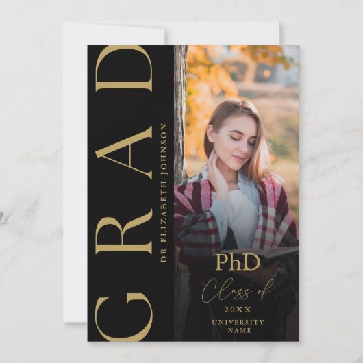 Black and Gold Photo PhD Afstuderen aangekondigd Kaart (Voorkant)