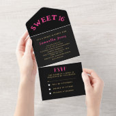 Black and Gold Pink Sweet 16 Zestien All In One Uitnodiging (Afscheurbaar)