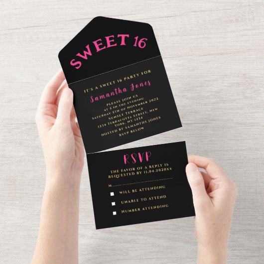 Black and Gold Pink Sweet 16 Zestien All In One Uitnodiging (Afscheurbaar)