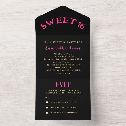 Black and Gold Pink Sweet 16 Zestien All In One Uitnodiging (Binnen)