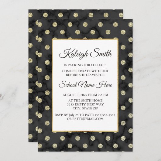 Black and Gold Polka Dot Trunk Party Invite Kaart (Voorkant / Achterkant)