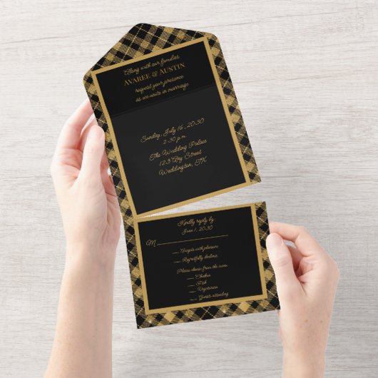 Black and Gold Pset Elegant All In One Uitnodiging (Afscheurbaar)