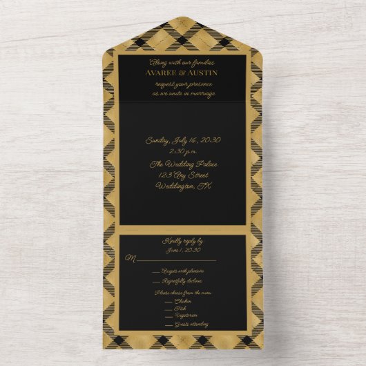 Black and Gold Pset Elegant All In One Uitnodiging (Binnen)