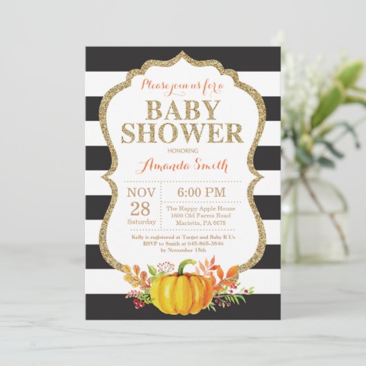 Black and Gold Pumpkin Baby shower Uitnodiging (Staand voorkant)