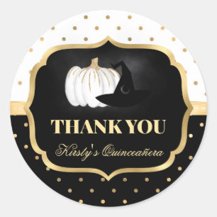 Black and Gold Pumpkin en Witch Pet Quinceanera Ronde Sticker