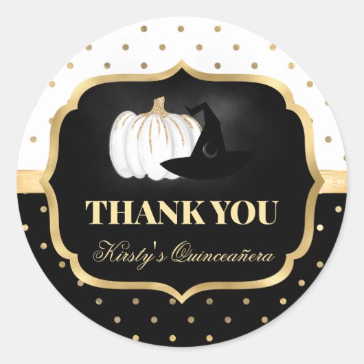 Black and Gold Pumpkin en Witch Pet Quinceanera Ronde Sticker (Voorkant)